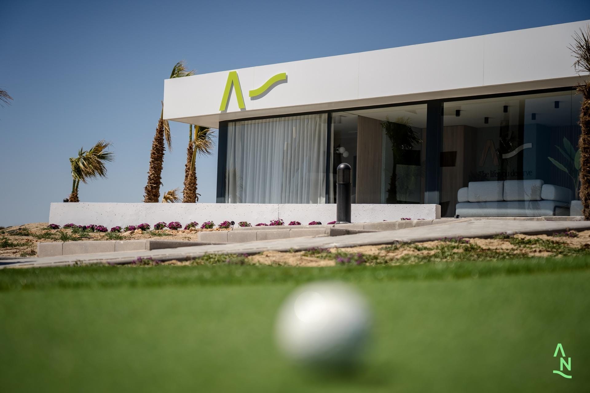 Contemporary sales office building beside the golf course