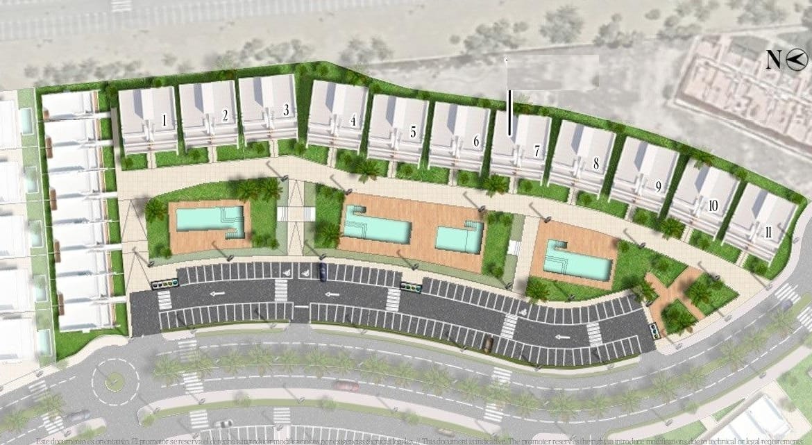 Illustrated site plan with apartment buildings, pools and parking