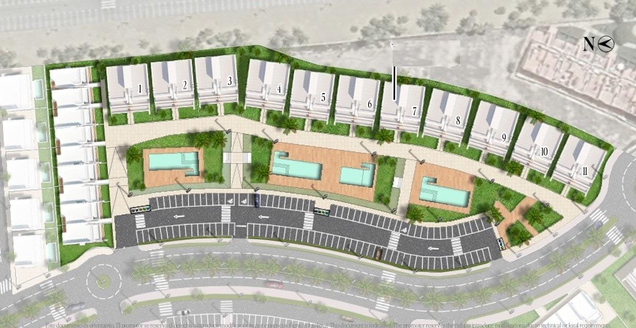 New-Build-Apartments-at-Condado-de-Alhama-Golf-Resort-Murcia-19 Illustrated site plan with apartment buildings, pools and parking