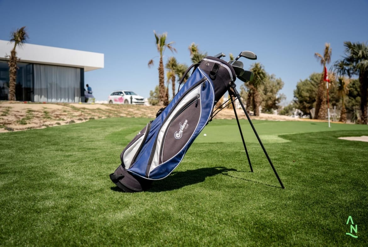 Golf bag on a putting green at Condado de Alhama