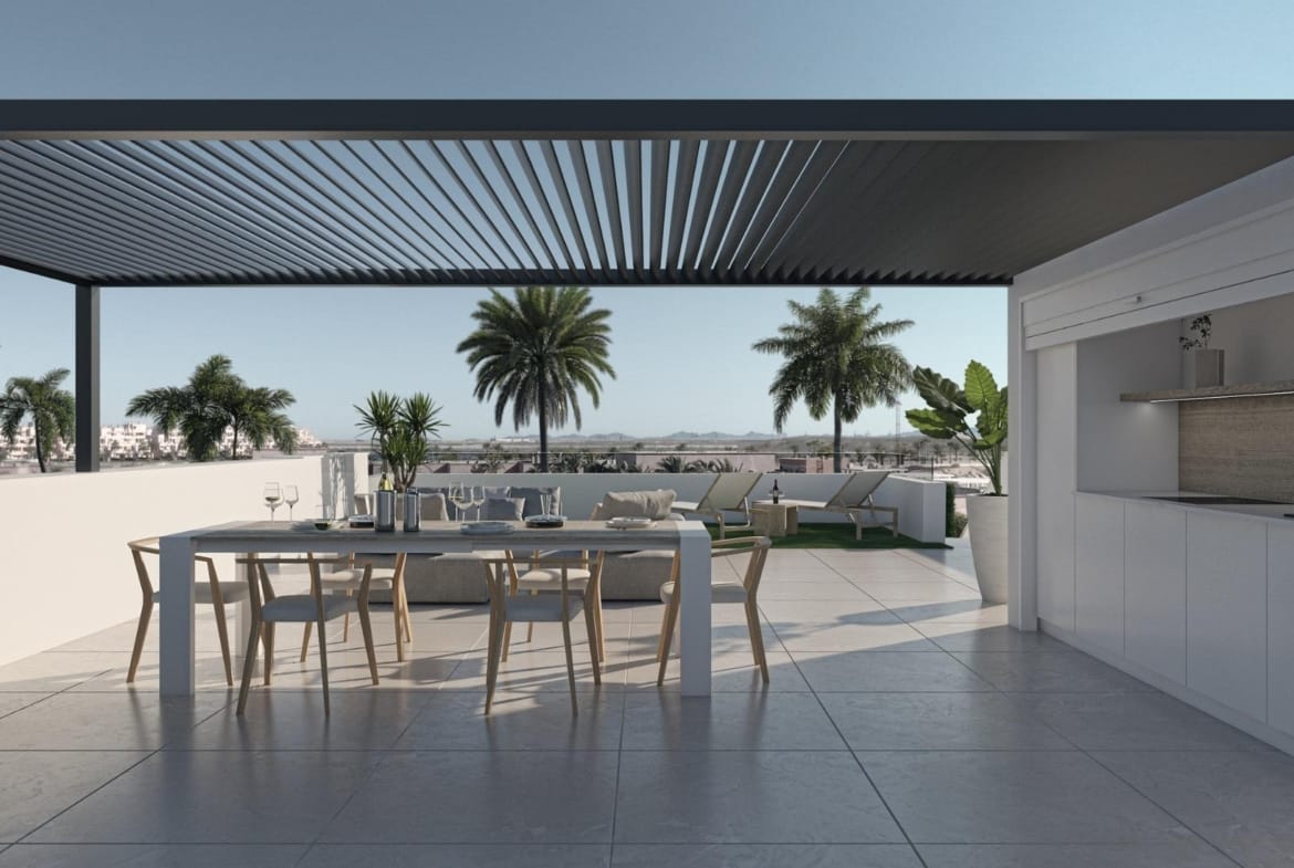 Rendered private rooftop solarium with outdoor kitchen and dining area