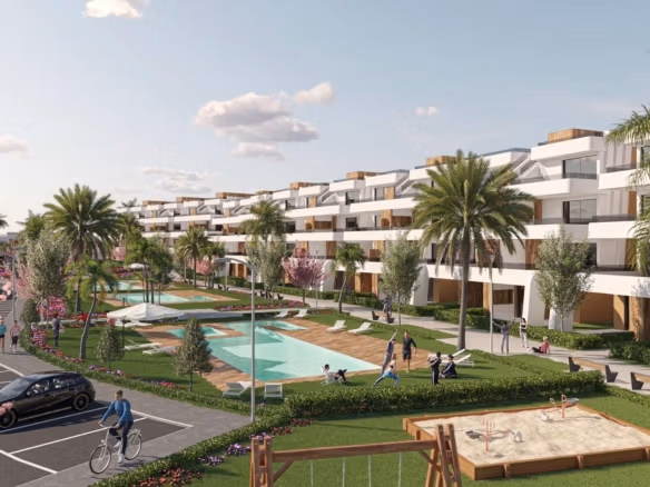 Landscaped communal pool area with apartment buildings, gardens and parking