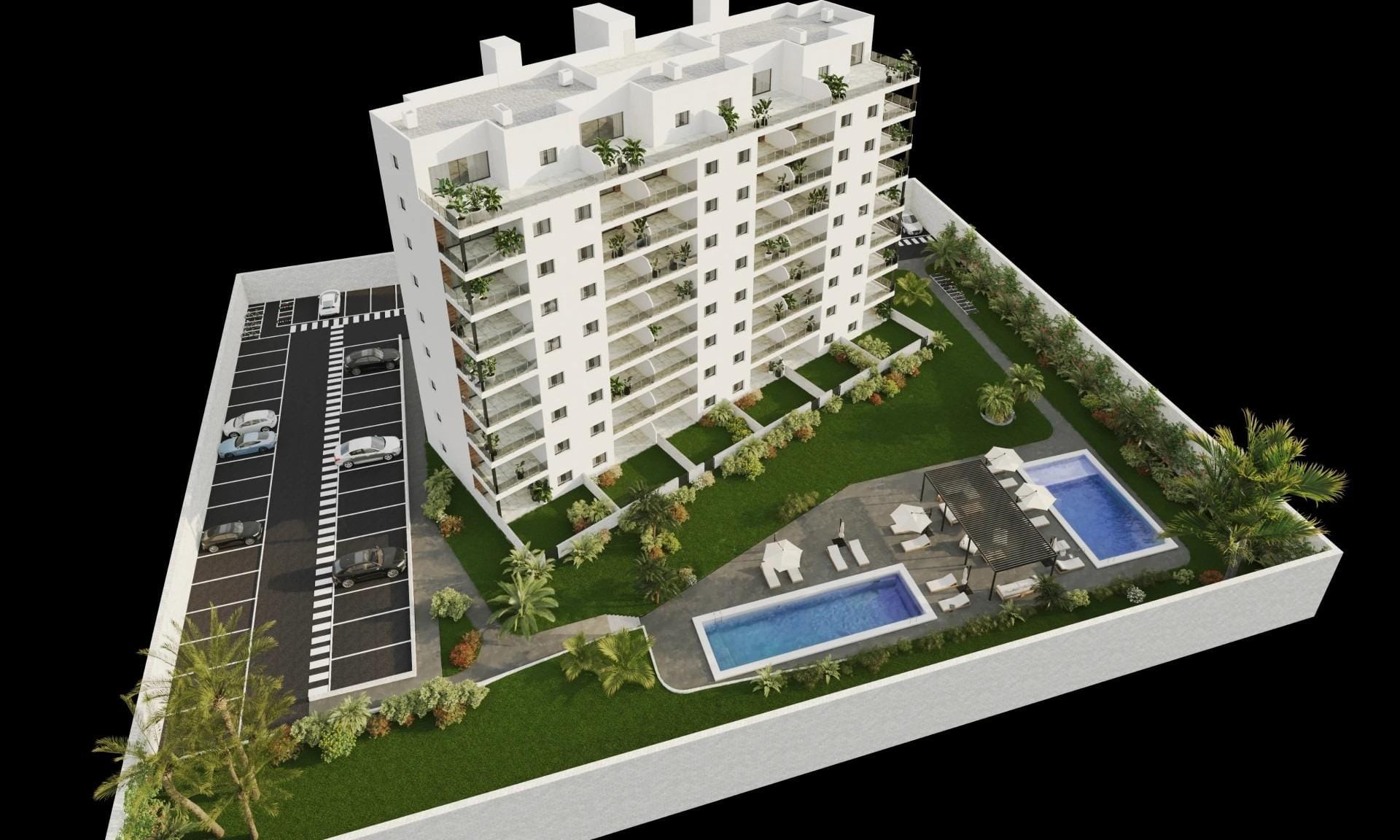 Aerial view of the apartment building with landscaped grounds, parking and two communal pools