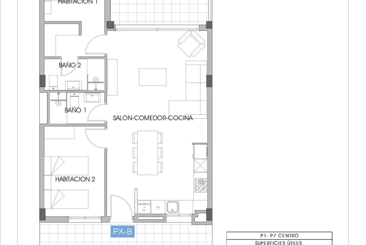 Two-bedroom apartment floor plan with open-plan living area and 15 m² terrace
