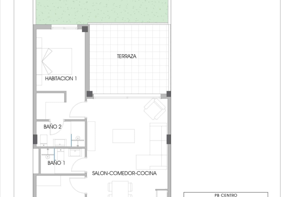 Floor plan of a two-bedroom ground-floor apartment with covered terrace and private garden