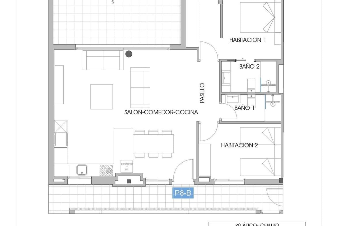 Two-bedroom penthouse floor plan with a large sea-view terrace