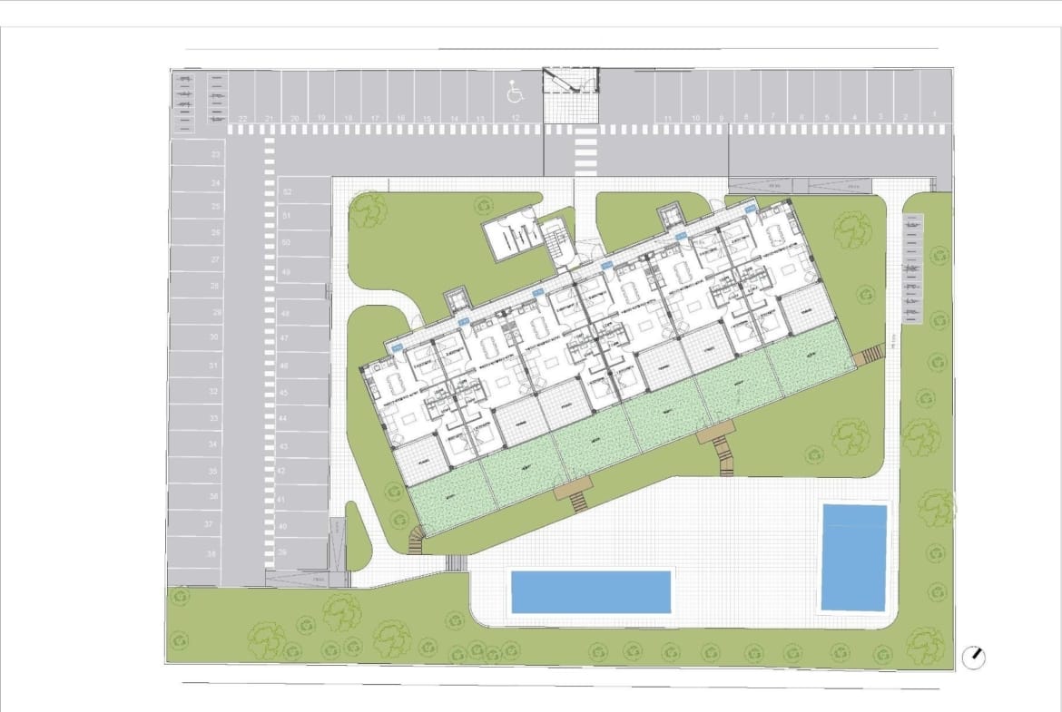Site layout with parking spaces, pools and apartment footprints