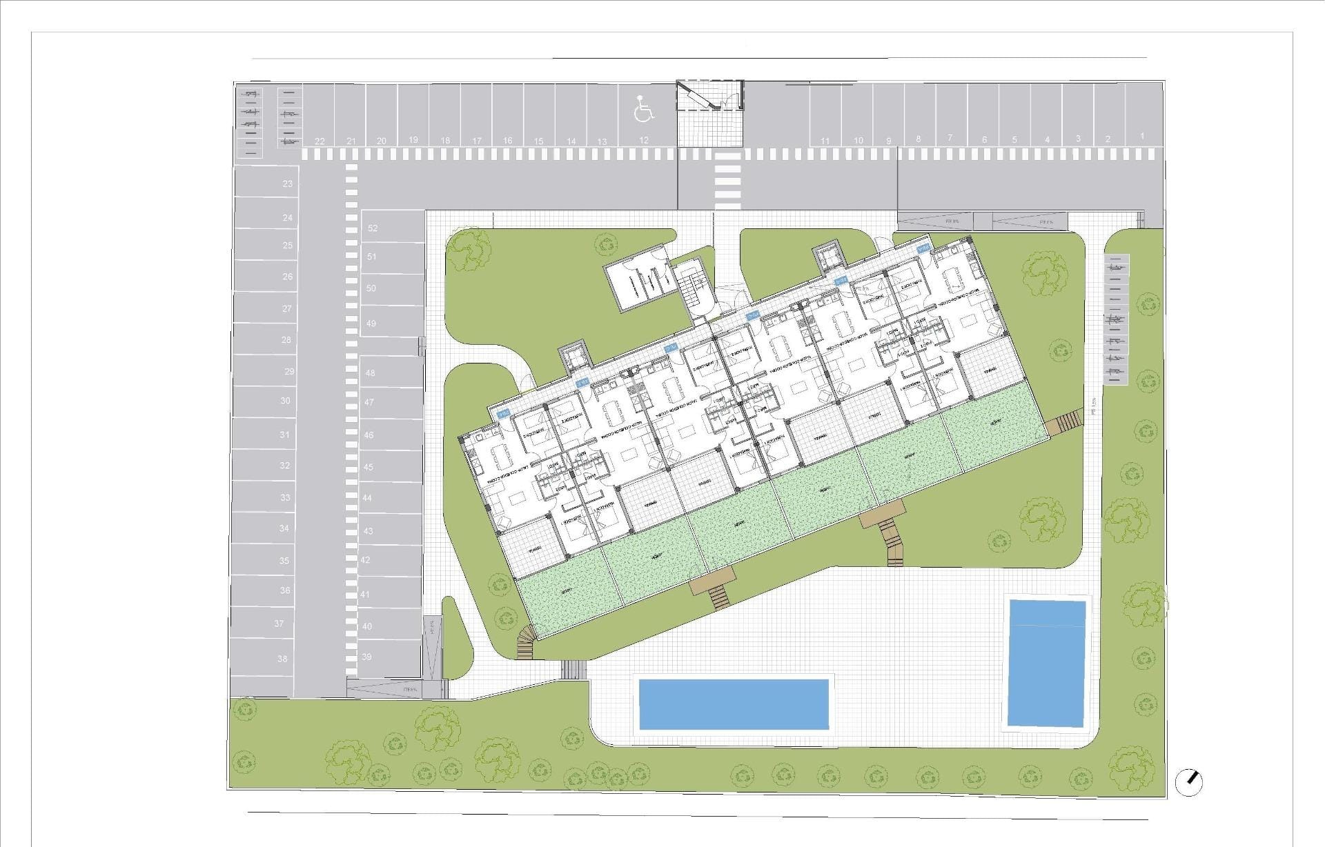 Site plan showing the building, parking, communal pools and landscaped grounds