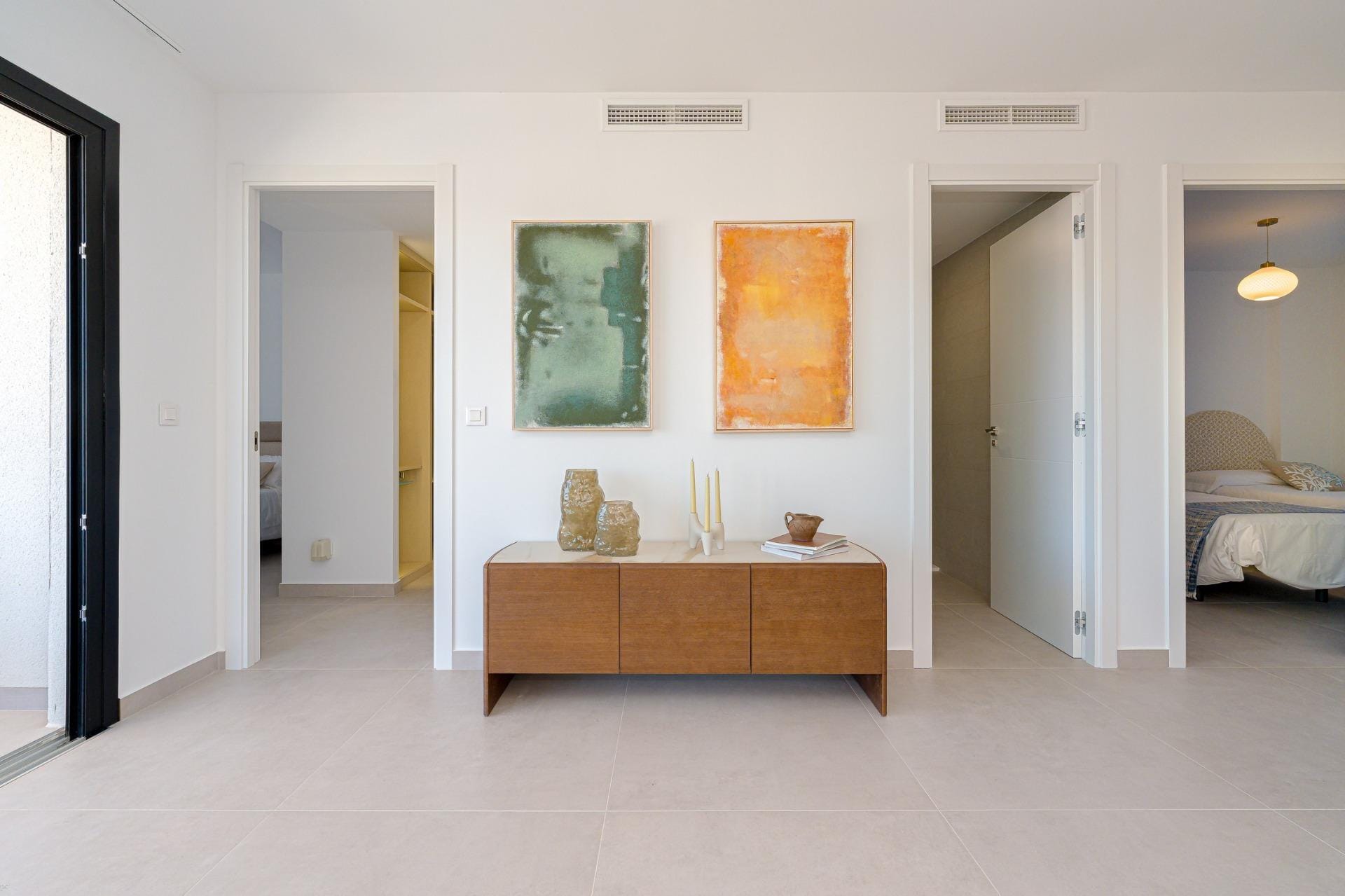 Hallway linking the living area to the bedrooms and bathrooms