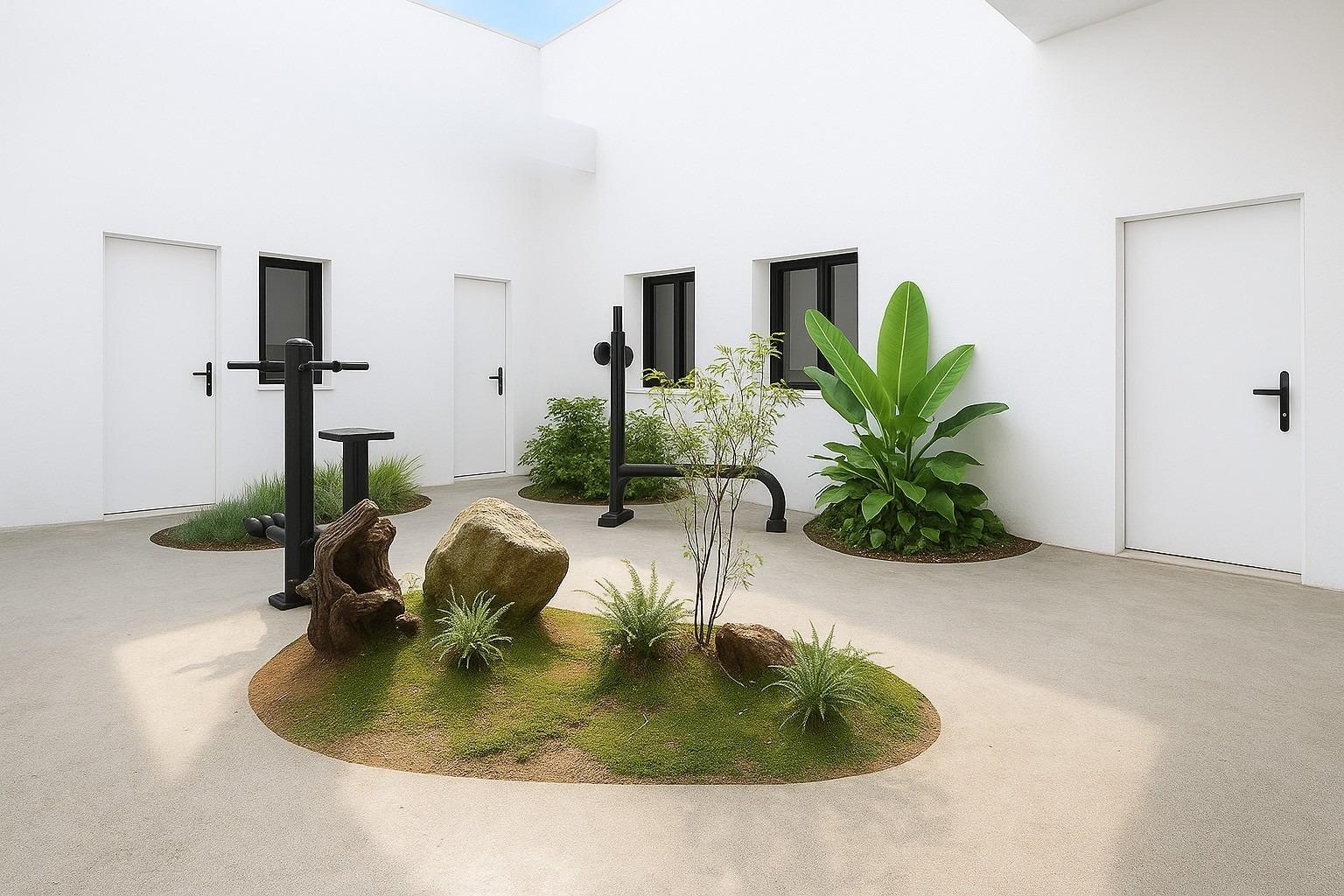 New-Build-Apartments-in-the-Centre-of-Torrevieja-Near-Playa-del-Cura-10 Ground-level view of the internal courtyard with planted islands and gym equipment under a skylight