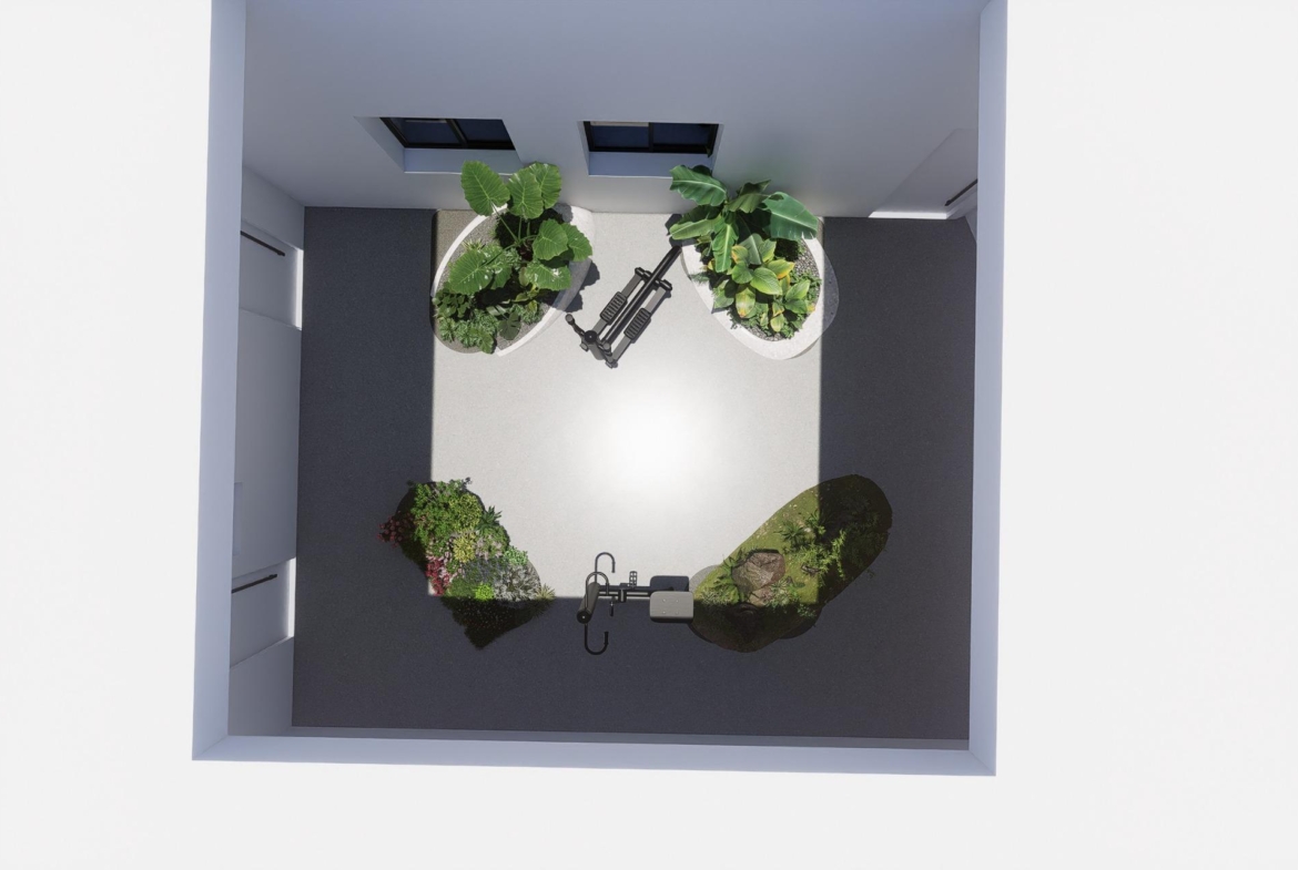 Overhead render of internal courtyard showing planted beds and fitness equipment