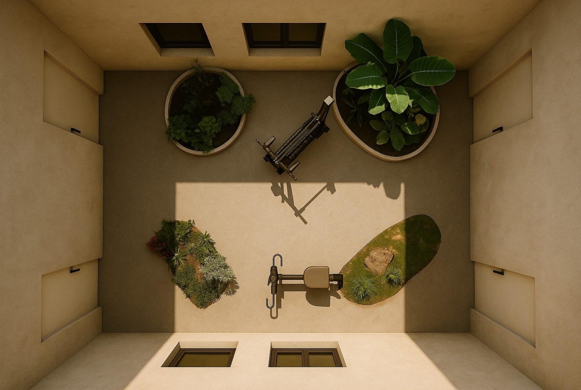 Top-down view of a courtyard with large planters and gym equipment in a new build penthouse block