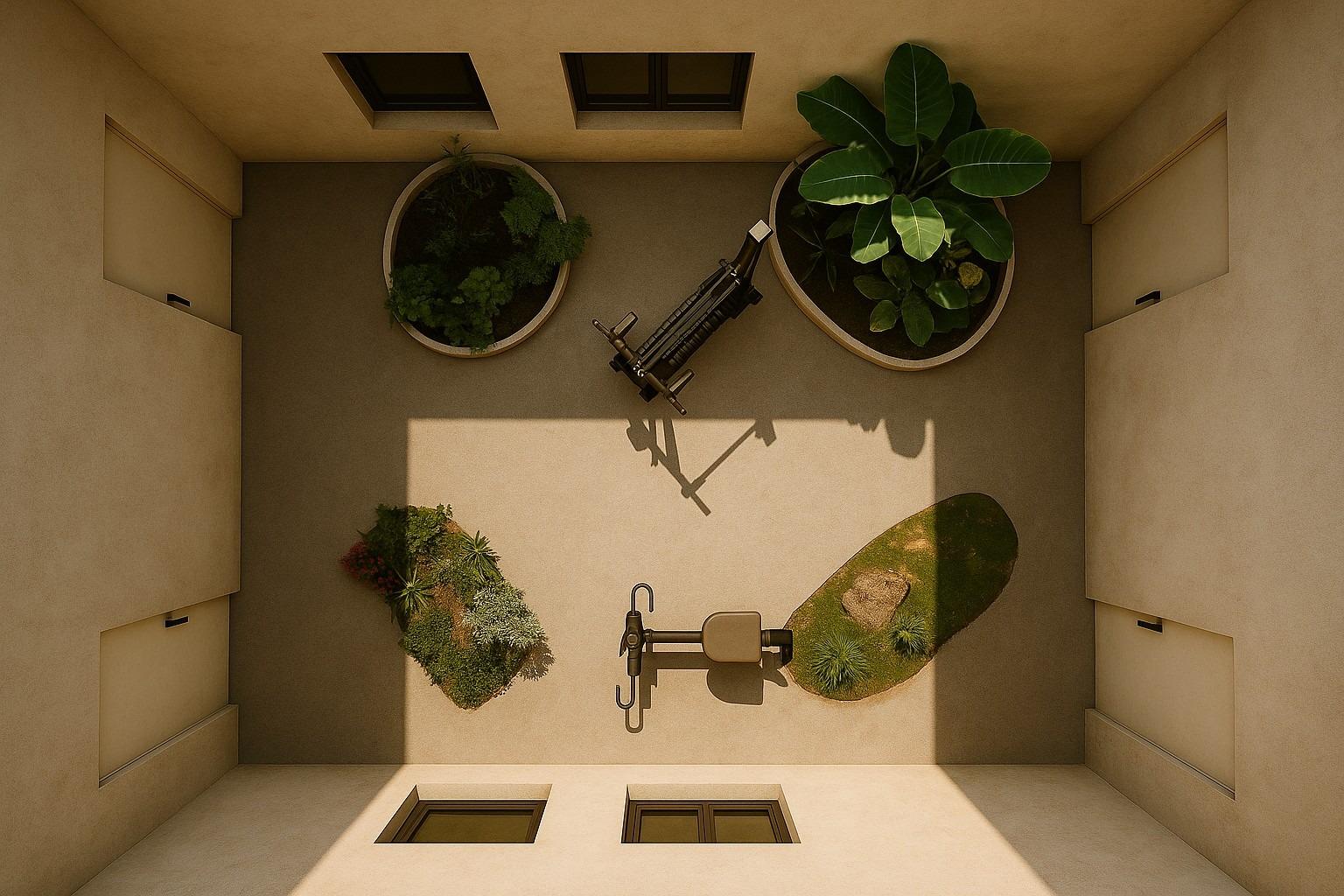 New-Build-Apartments-in-the-Centre-of-Torrevieja-Near-Playa-del-Cura-12 Top-down view of a courtyard with large planters and gym equipment in a new build penthouse block