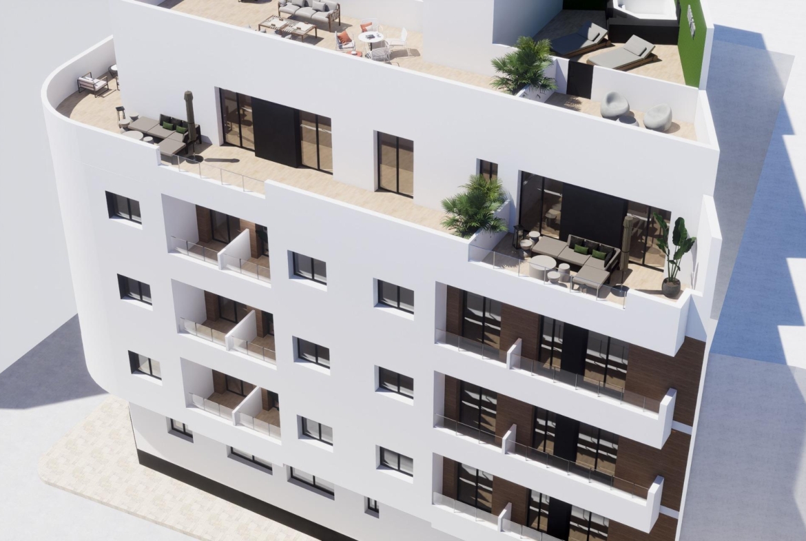 New-Build-Apartments-in-the-Centre-of-Torrevieja-Near-Playa-del-Cura-13 New build apartment terraces and balconies on a white façade, exterior render in Torrevieja