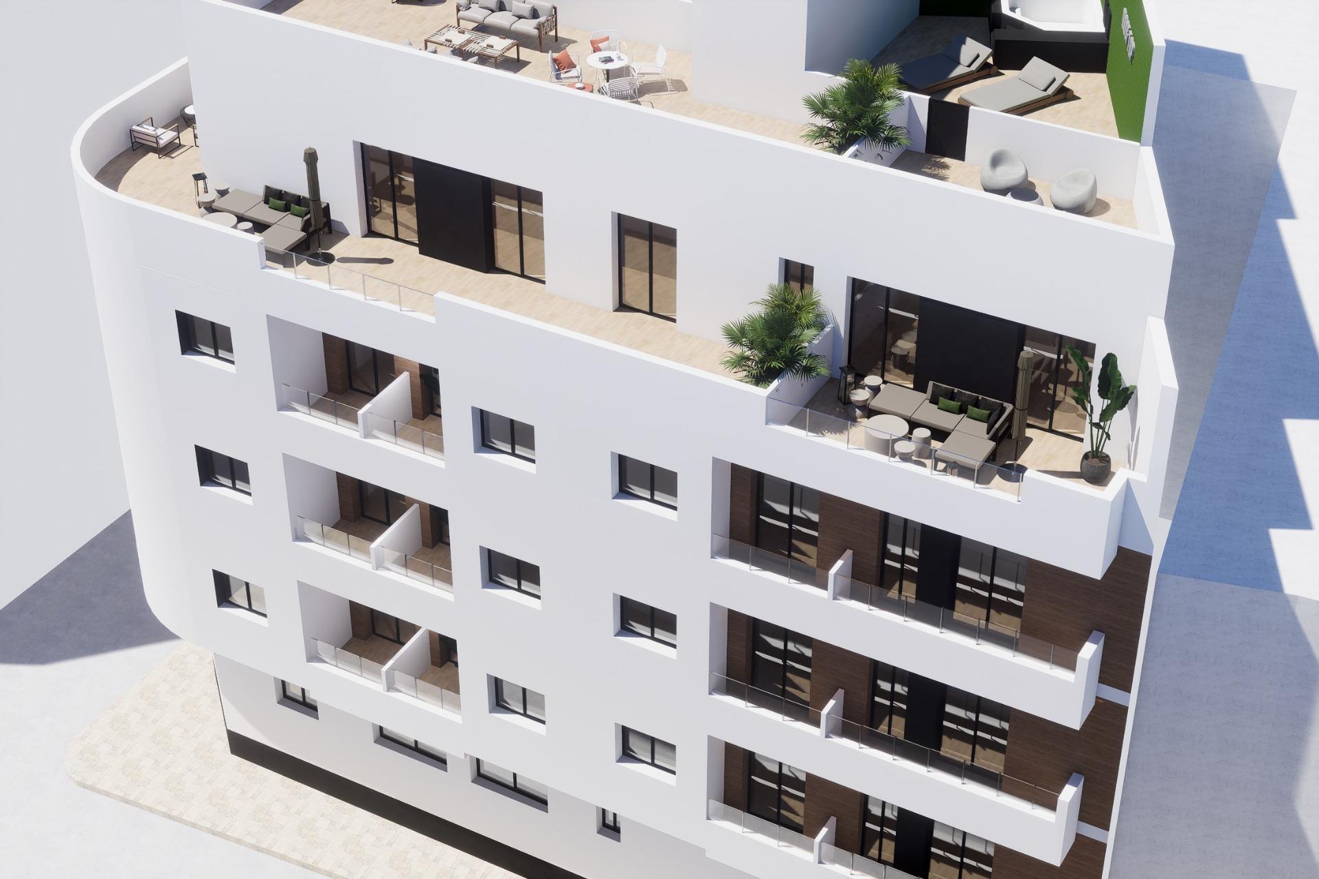New-Build-Apartments-in-the-Centre-of-Torrevieja-Near-Playa-del-Cura-13 New build apartment terraces and balconies on a white façade, exterior render in Torrevieja
