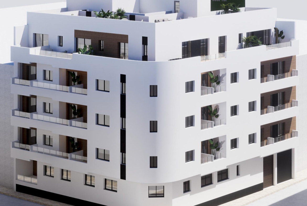 Corner elevation render of a white new build apartment block with terraces and rooftop