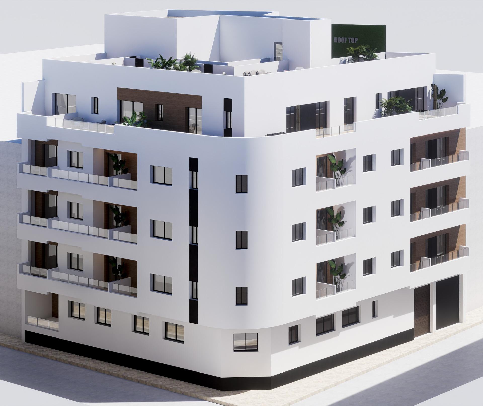 New-Build-Apartments-in-the-Centre-of-Torrevieja-Near-Playa-del-Cura-14 Rooftop terraces and penthouse outdoor areas on a new build apartment block, exterior render