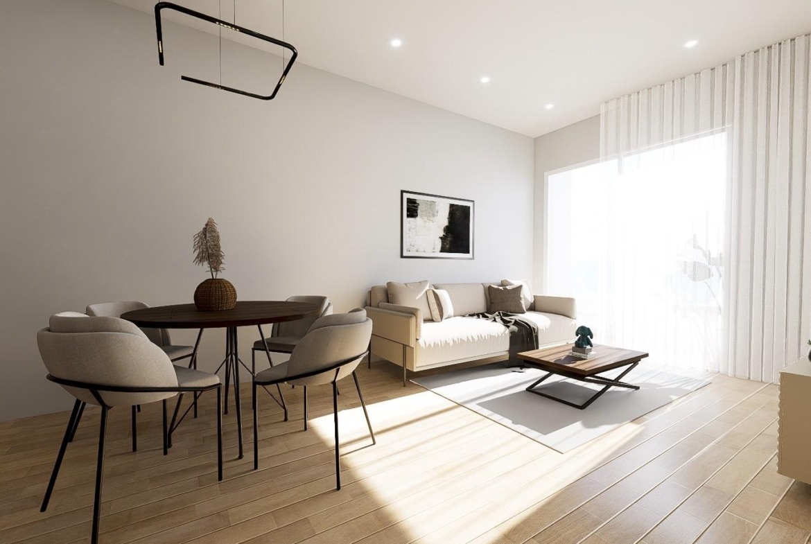 New-Build-Apartments-in-the-Centre-of-Torrevieja-Near-Playa-del-Cura-16 Bright lounge with sofa and sliding window, staged interior render for a Torrevieja apartment