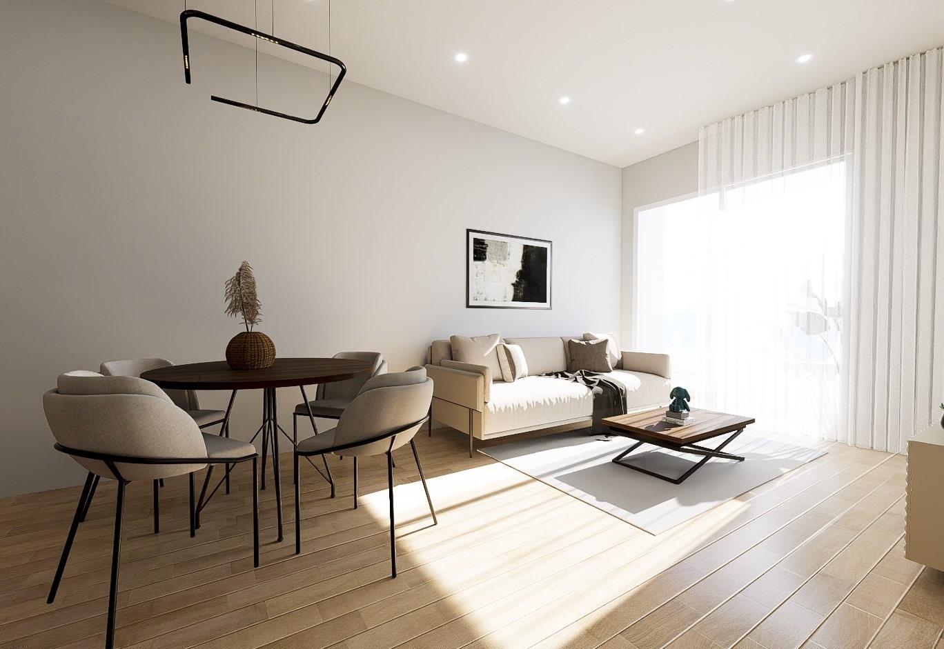 New-Build-Apartments-in-the-Centre-of-Torrevieja-Near-Playa-del-Cura-16 Bright lounge with sofa and sliding window, staged interior render for a Torrevieja apartment