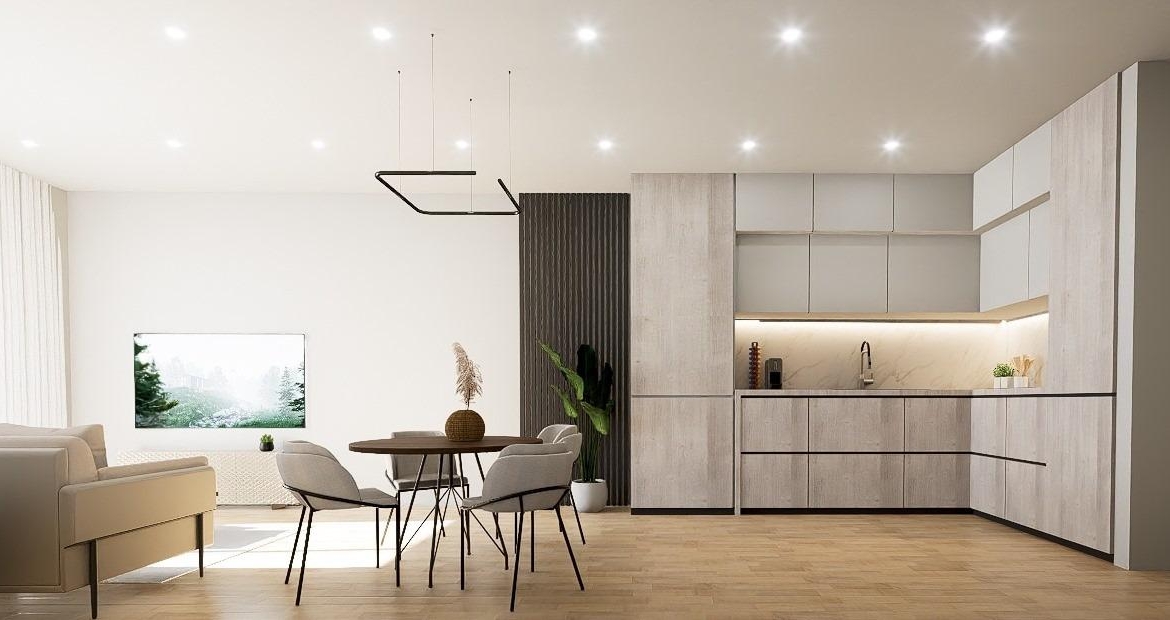 Sunlit living room and dining corner in a modern 1‑bed apartment CGI, Torrevieja