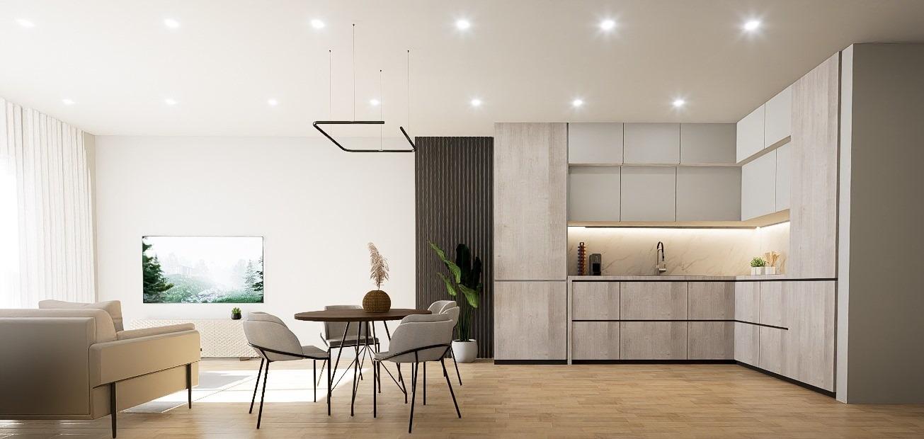 New-Build-Apartments-in-the-Centre-of-Torrevieja-Near-Playa-del-Cura-17 Open-plan lounge with integrated kitchen and dining table in a new build apartment render