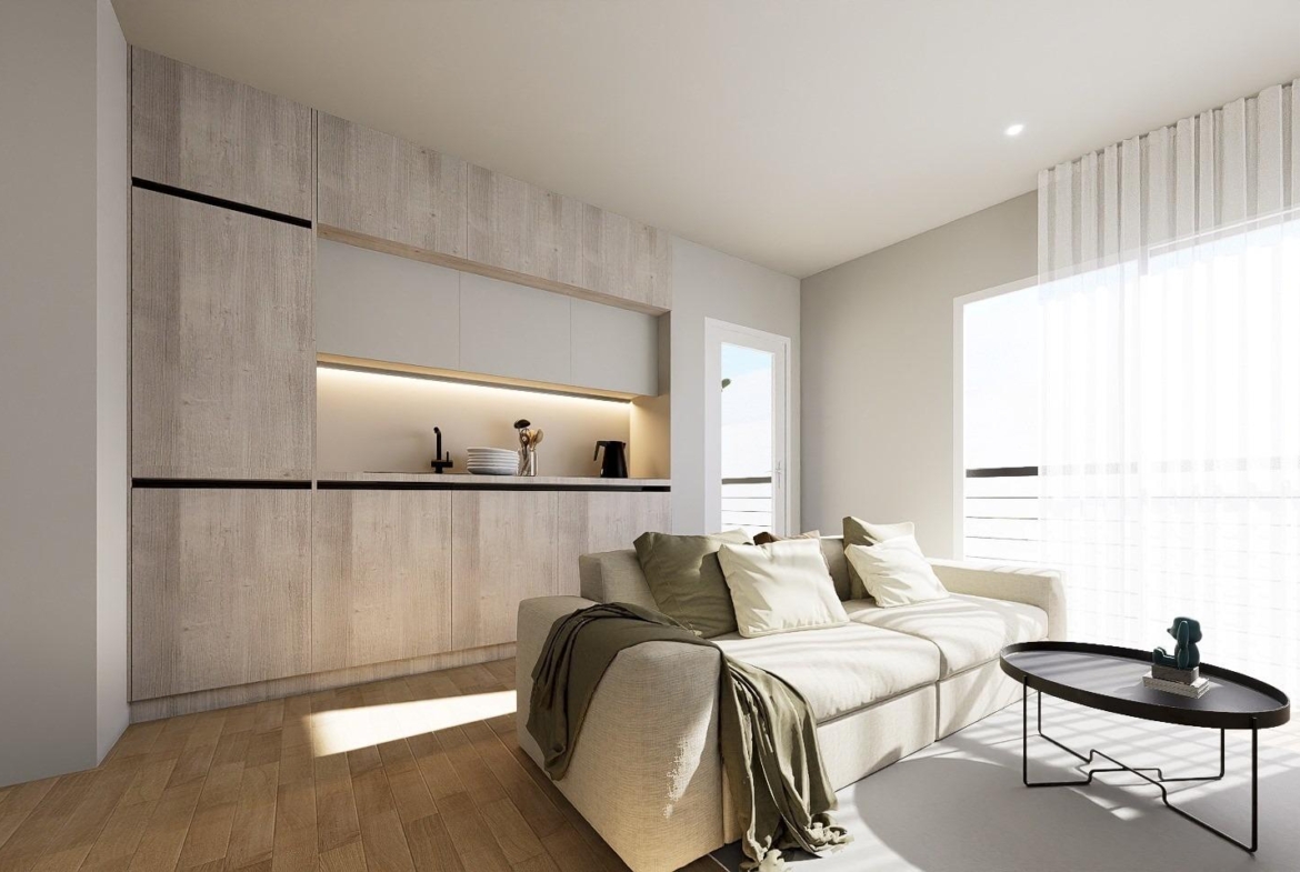New-Build-Apartments-in-the-Centre-of-Torrevieja-Near-Playa-del-Cura-19 Integrated kitchen wall and small living area in a new build Ground Floor apartment render