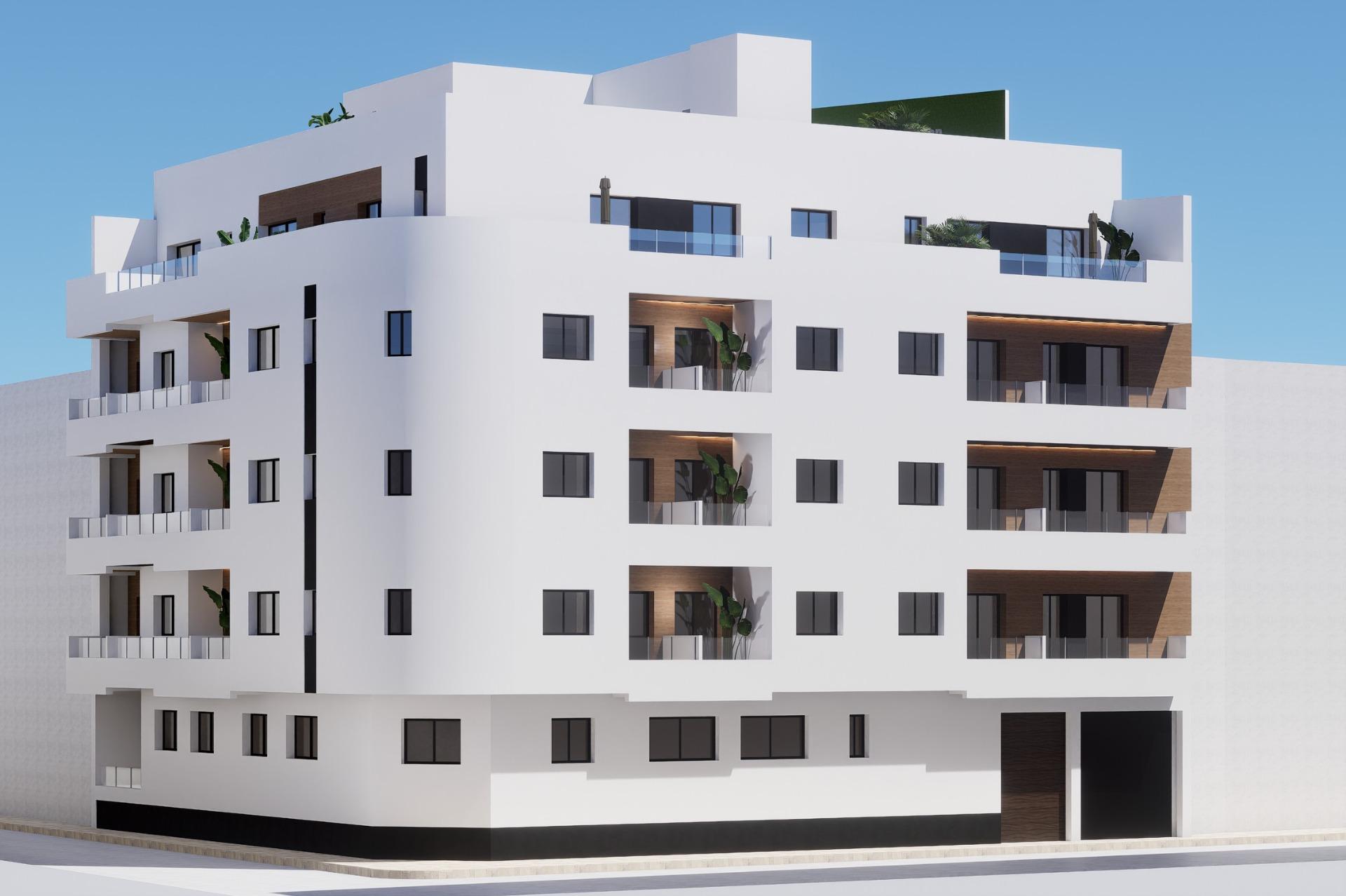 New-Build-Apartments-in-the-Centre-of-Torrevieja-Near-Playa-del-Cura-2 Close-up render of apartment façades with recessed loggias and terrace areas in Torrevieja