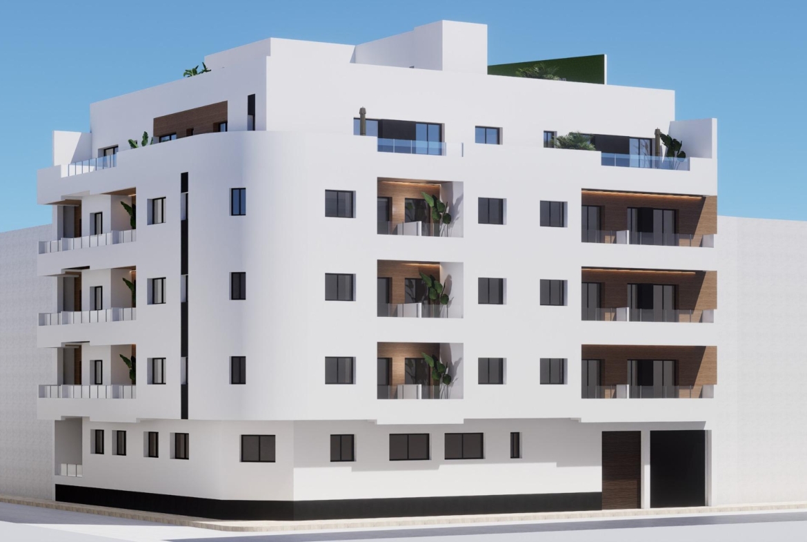 New-Build-Apartments-in-the-Centre-of-Torrevieja-Near-Playa-del-Cura-2 Front elevation of a new build Torrevieja apartment showing inset balcony bays and wood-clad details