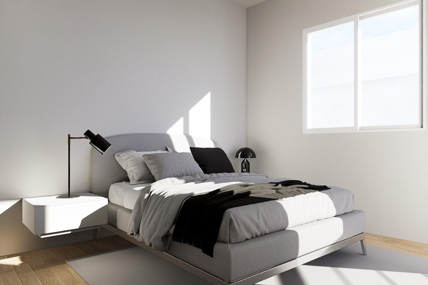 New-Build-Apartments-in-the-Centre-of-Torrevieja-Near-Playa-del-Cura-20 Sunlit double bedroom with bedside units in a new build apartment interior render