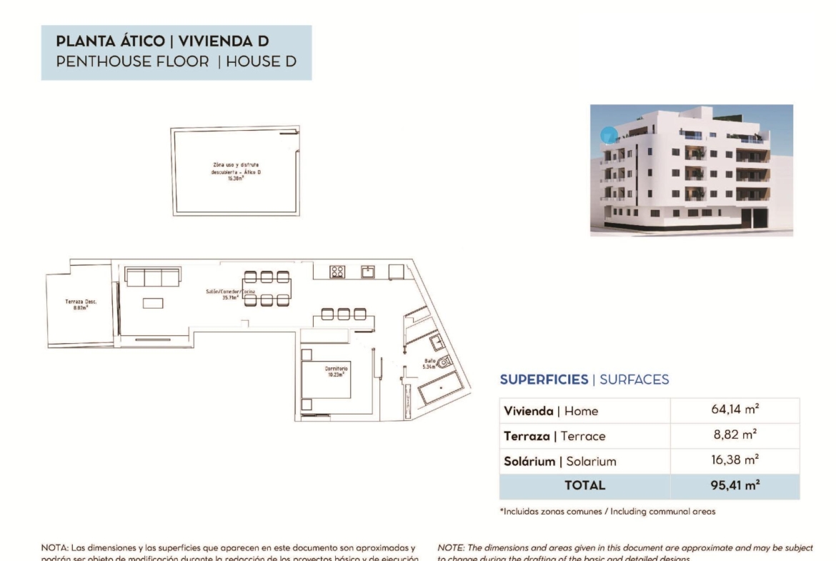 Penthouse floor plan (Vivienda D) showing terrace, solarium and room layout in Torrevieja