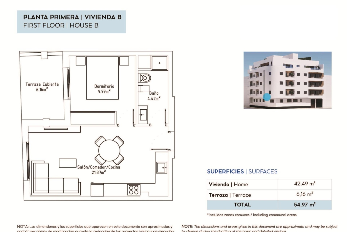 Floor plan of a 1 bedroom first-floor apartment in Torrevieja showing terrace and rooms