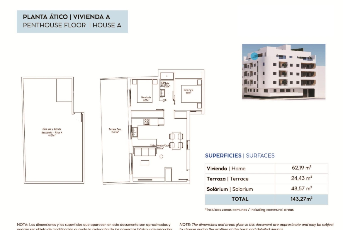 Floor plan of a 2-bedroom penthouse in Torrevieja showing terrace and rooftop solarium areas