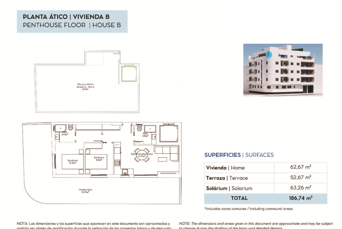 Penthouse floor plan (House B) showing internal layout, terrace ≈52.67 m² and solarium ≈63.26 m²