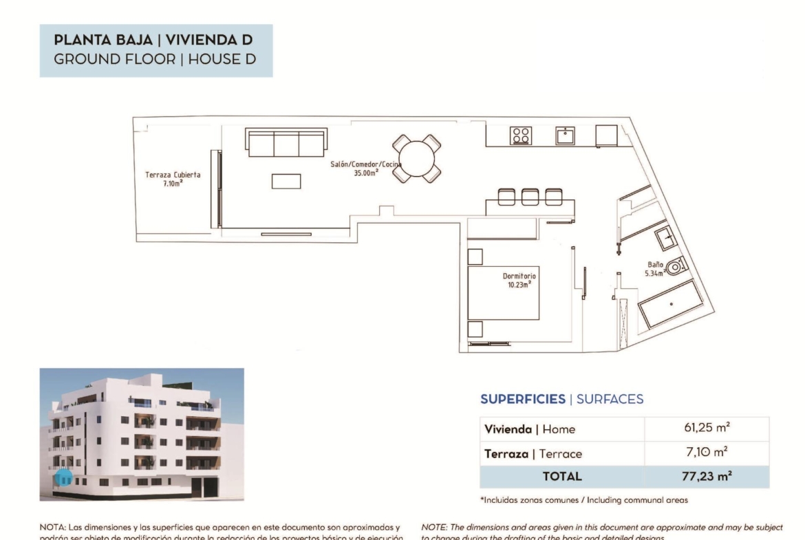 Floor plan of a 1 bedroom ground floor apartment in Torrevieja showing living area, bedroom, bathroom and terrace