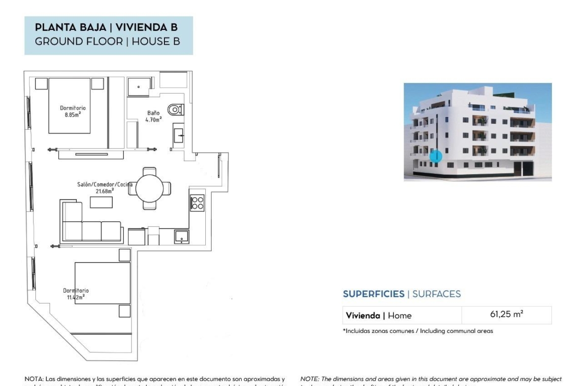New-Build-Apartments-in-the-Centre-of-Torrevieja-Near-Playa-del-Cura-21 Floor plan of a 2 bedroom ground floor apartment (House B) in Torrevieja, 61.25 m²