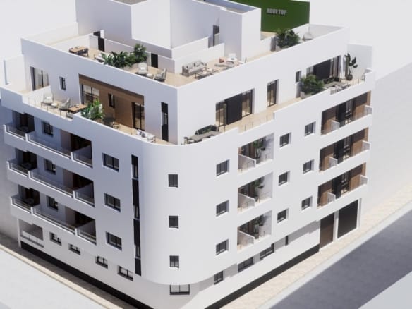 Corner façade view showing penthouse terraces on a new build in Torrevieja