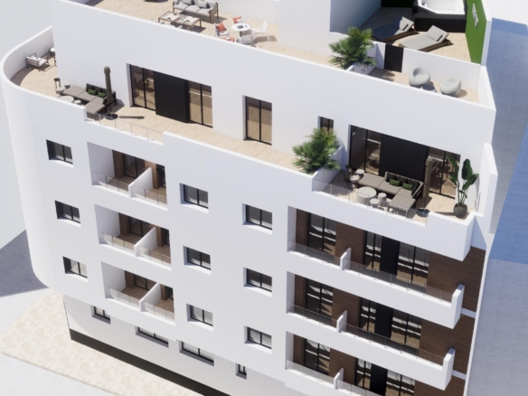 Exterior render showing penthouse terraces and glass balconies on a new build in Torrevieja