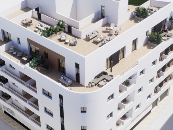 Corner penthouse rooftop terrace with multiple seating areas in new build Torrevieja