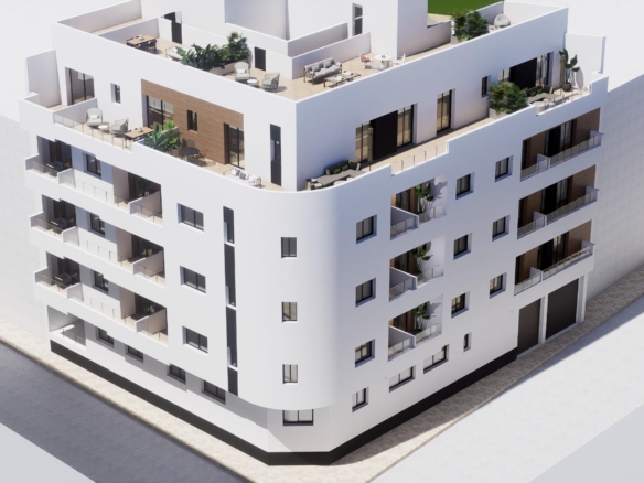 New build apartment block corner façade with recessed balconies in Torrevieja