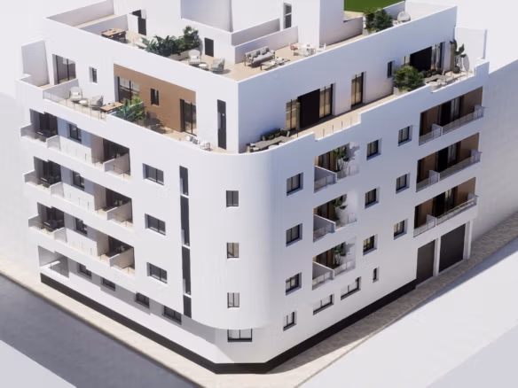 New build apartment block corner façade with recessed balconies in Torrevieja
