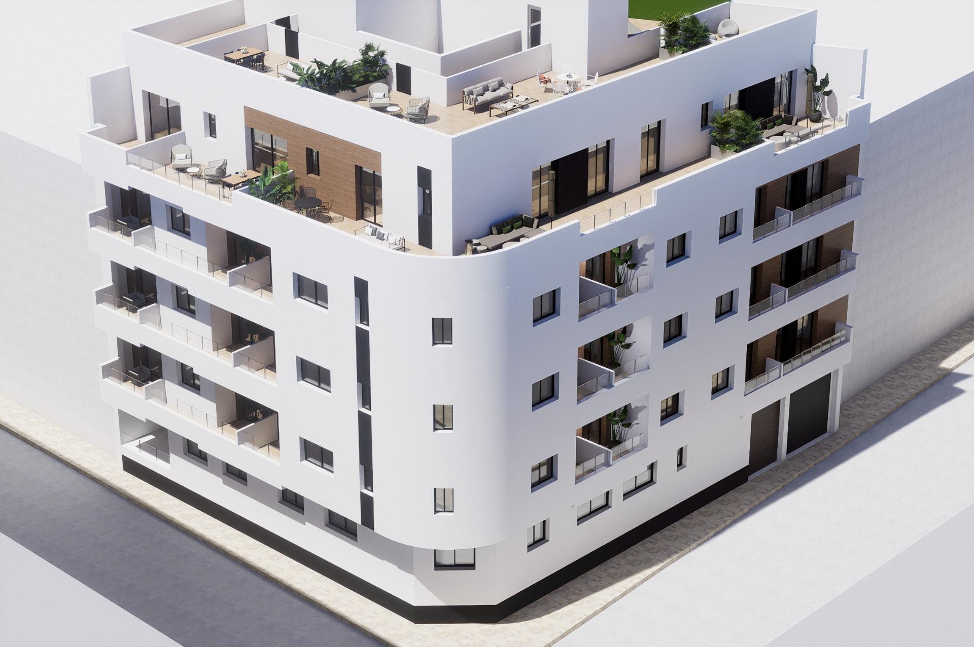 New build apartment block corner façade with recessed balconies in Torrevieja