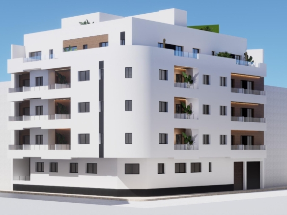 Corner elevation of a new build ground floor apartment block in Torrevieja with recessed balconies