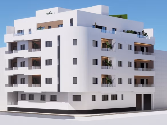 Corner elevation of a new build ground floor apartment block in Torrevieja with recessed balconies