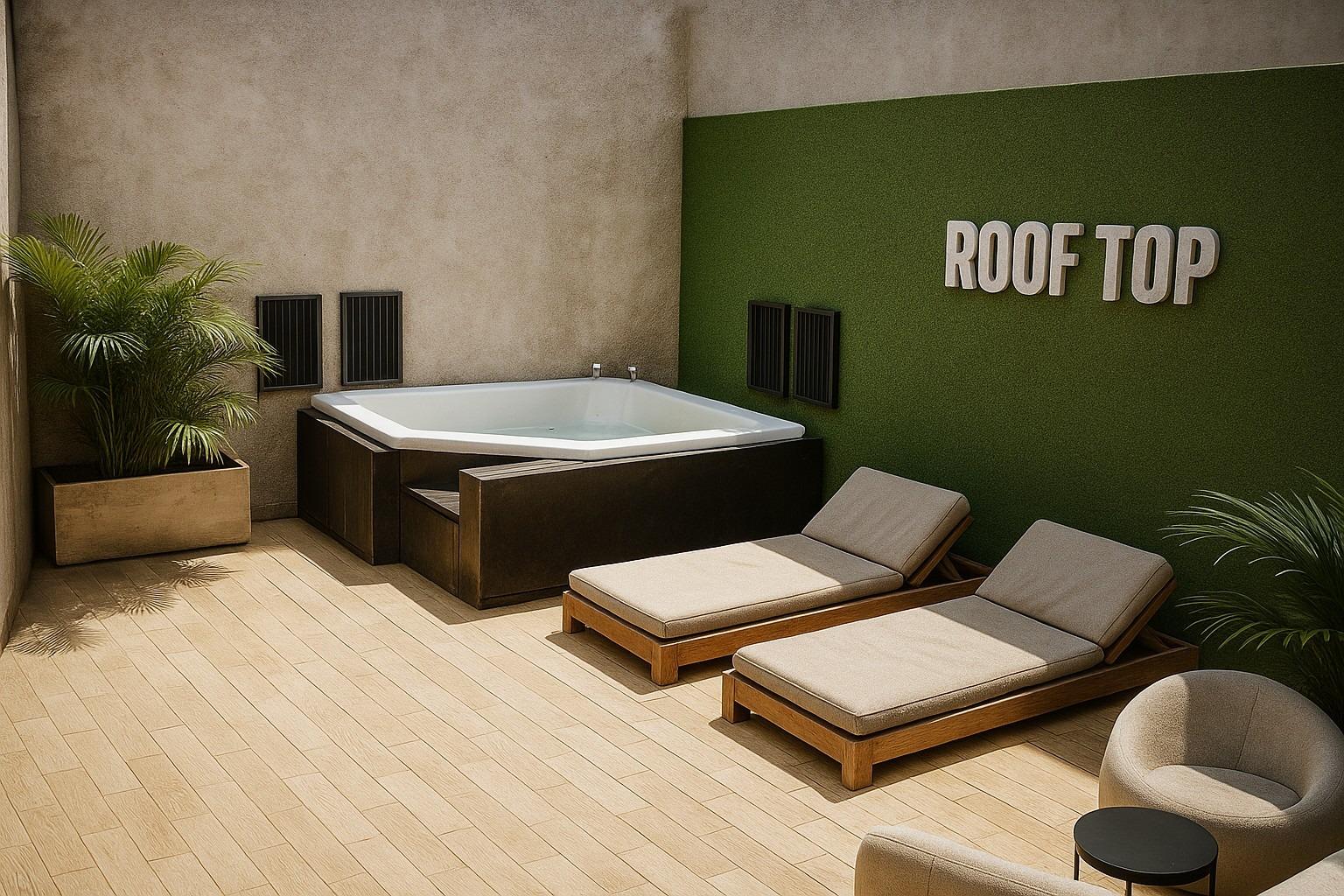 New-Build-Apartments-in-the-Centre-of-Torrevieja-Near-Playa-del-Cura-3 Rooftop corner with a jacuzzi, two sunloungers and green accent wall labelled 'ROOF TOP'