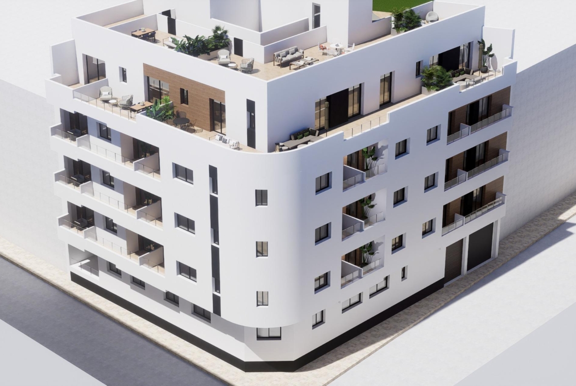Corner elevation render with recessed balconies and spacious penthouse terrace, Torrevieja new build