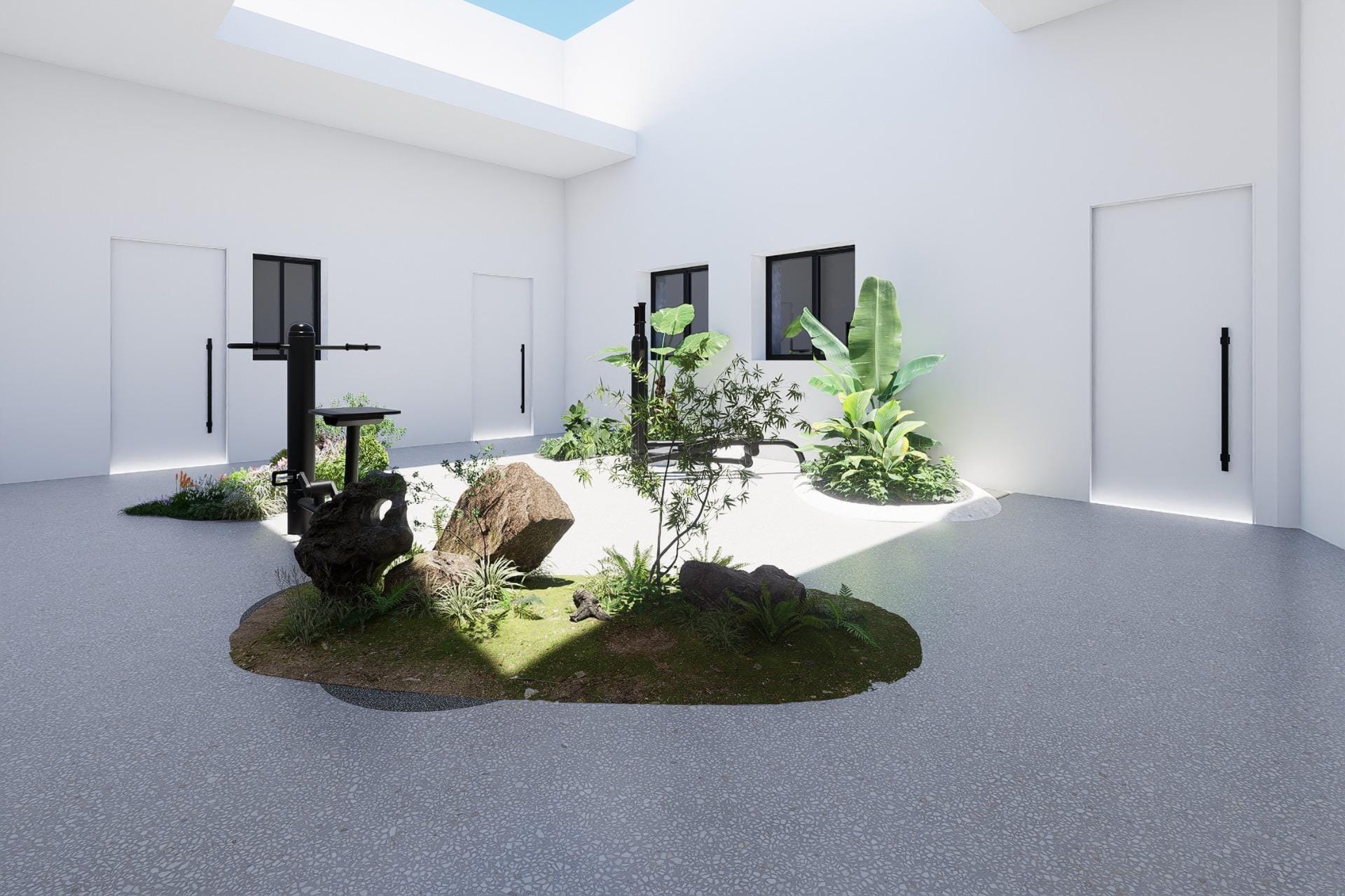 New-Build-Apartments-in-the-Centre-of-Torrevieja-Near-Playa-del-Cura-5 Light-filled internal courtyard with plants and gym equipment in new development, Torrevieja