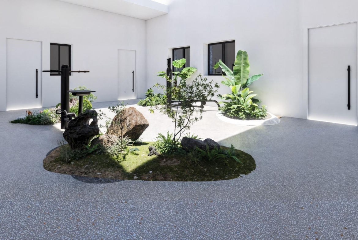 Light-filled communal courtyard with fitness equipment and planted islands, Torrevieja