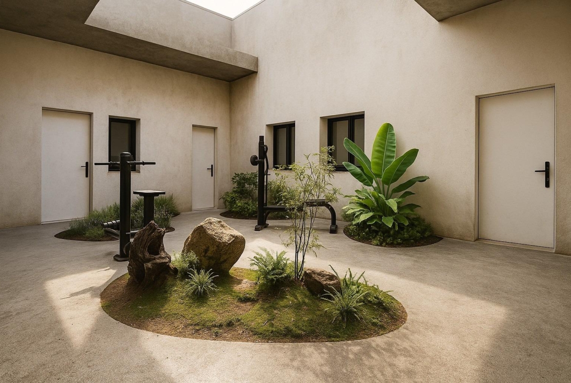 New-Build-Apartments-in-the-Centre-of-Torrevieja-Near-Playa-del-Cura-7 Sunlit communal courtyard featuring natural planting, boulders and outdoor exercise machines