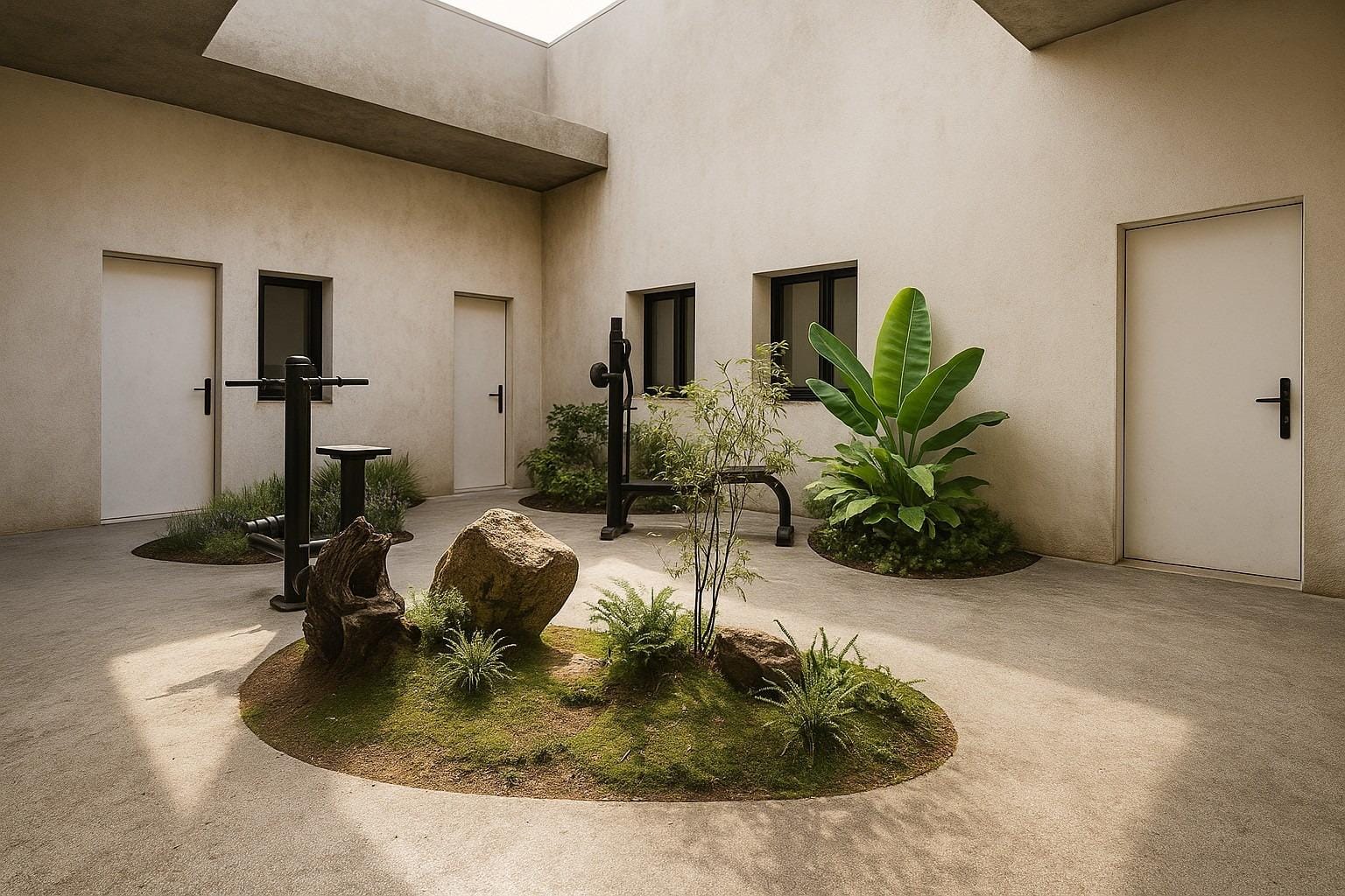 New-Build-Apartments-in-the-Centre-of-Torrevieja-Near-Playa-del-Cura-7 Ground-level shared courtyard with greenery and fitness equipment at new build, Torrevieja