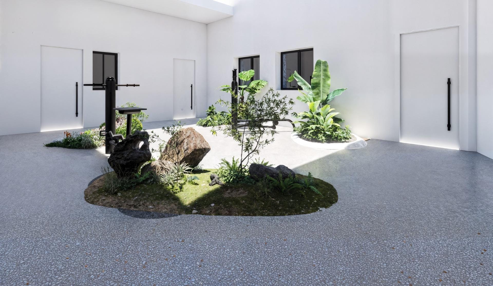 New-Build-Apartments-in-the-Centre-of-Torrevieja-Near-Playa-del-Cura-8 Communal courtyard CGI showing planted islands and natural light well in Torrevieja new build